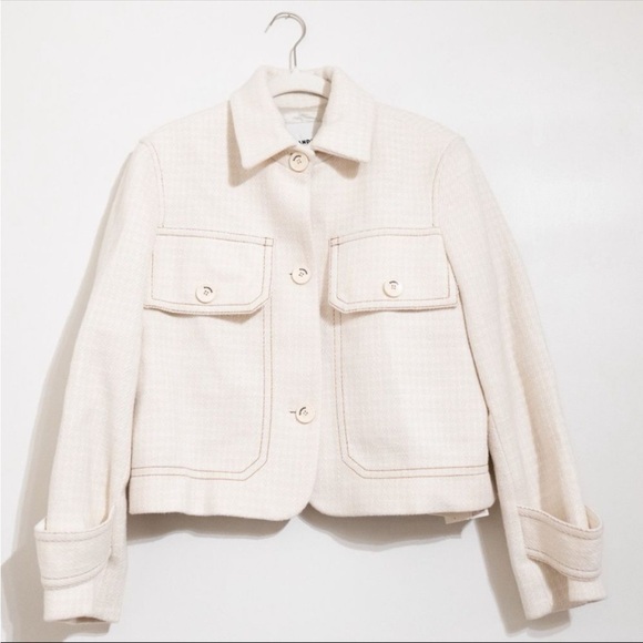 Sandro Paris Cropped Jacket Cream Textured Wool Blend Button Front Size 34 XS - Picture 4 of 10